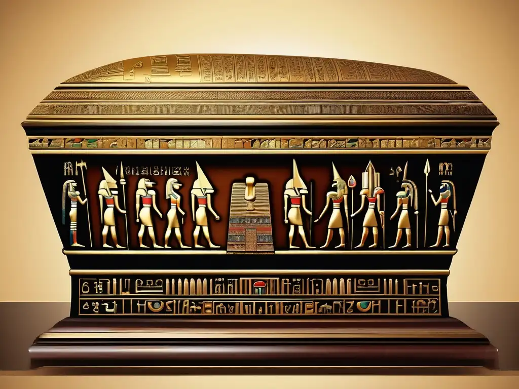 Una imagen vintage de un sarcófago egipcio bellamente conservado, adornado con intrincados jeroglíficos que representan la evolución y significado de los nombres de los faraones en el Antiguo Egipto
