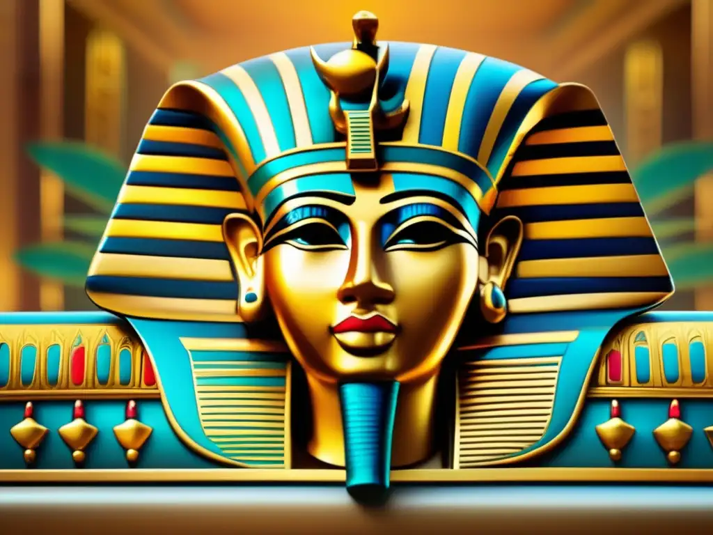 Una imagen vintage que muestra un sarcófago egipcio decorado, con colores vibrantes y detalles dorados