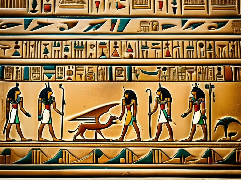Una imagen vintage muestra un sarcófago de piedra antiguo y tallado, con detalles impresionantes y jeroglíficos que relatan la historia del faraón