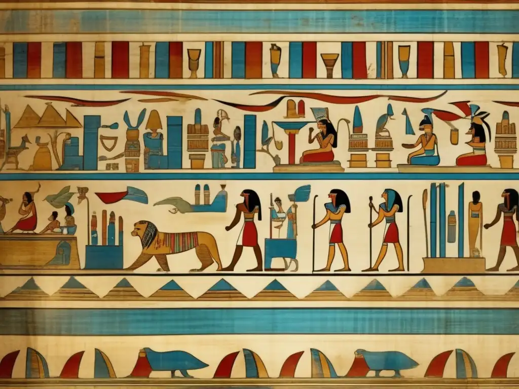Una imagen vintage en ultradefinición 8k muestra una sección bien conservada del Papiro Westcar, con intricadas ilustraciones y jeroglíficos