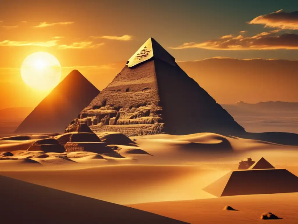 Imagen vintage del sol naciendo sobre la Gran Pirámide de Giza en el Antiguo Egipto, en medio de adoración solar y misticismo