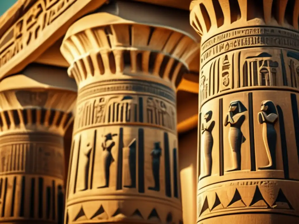 Una imagen vintage en 8k detalla las técnicas majestuosas y simbólicas de las columnas egipcias