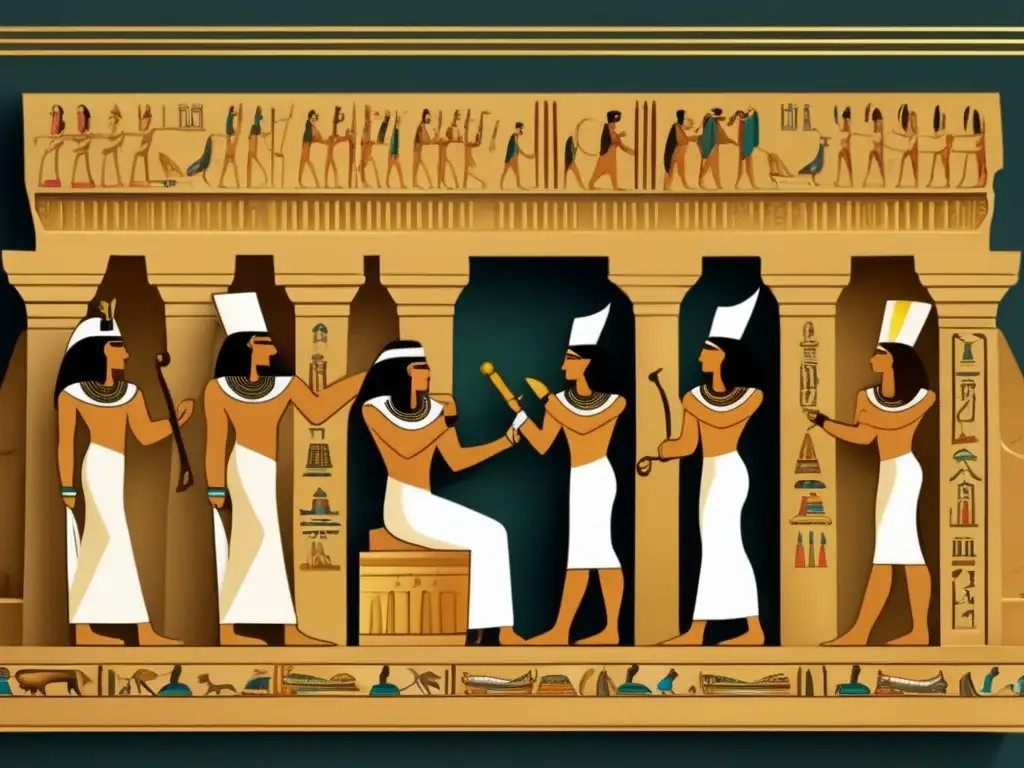 Imagen vintage de un templo egipcio antiguo con sacerdotes realizando rituales y oraciones