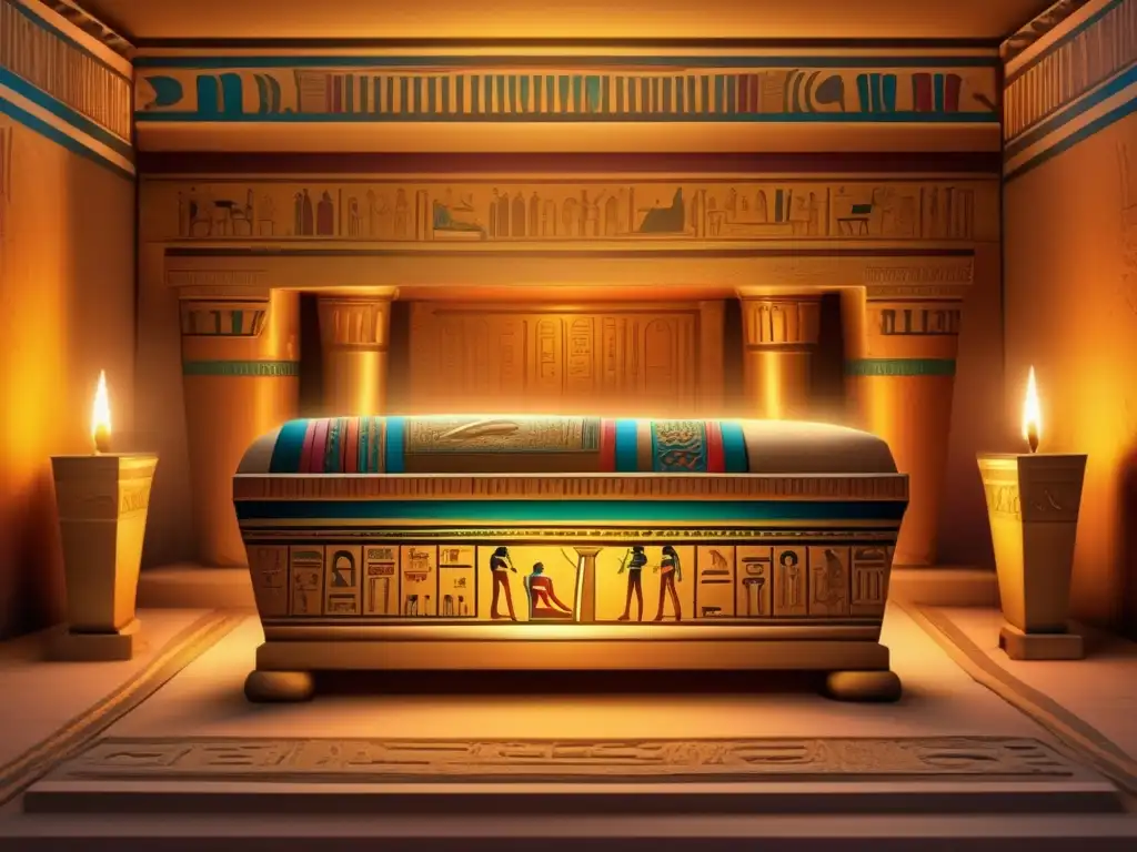 Una imagen vintage muestra una tumba egipcia ricamente decorada con jeroglíficos y murales