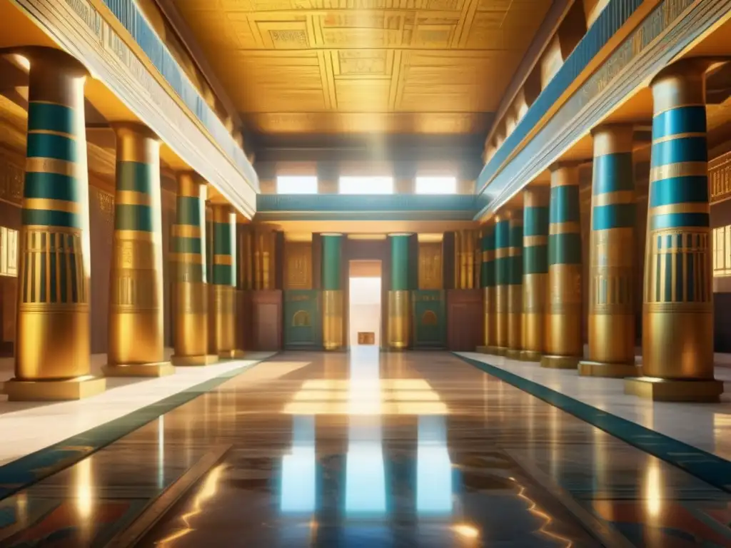 Esplendor en el antiguo palacio egipcio: un viaje al pasado real Una imagen vintage 8k ultradetallada muestra un majestuoso salón en un antiguo palacio egipcio
