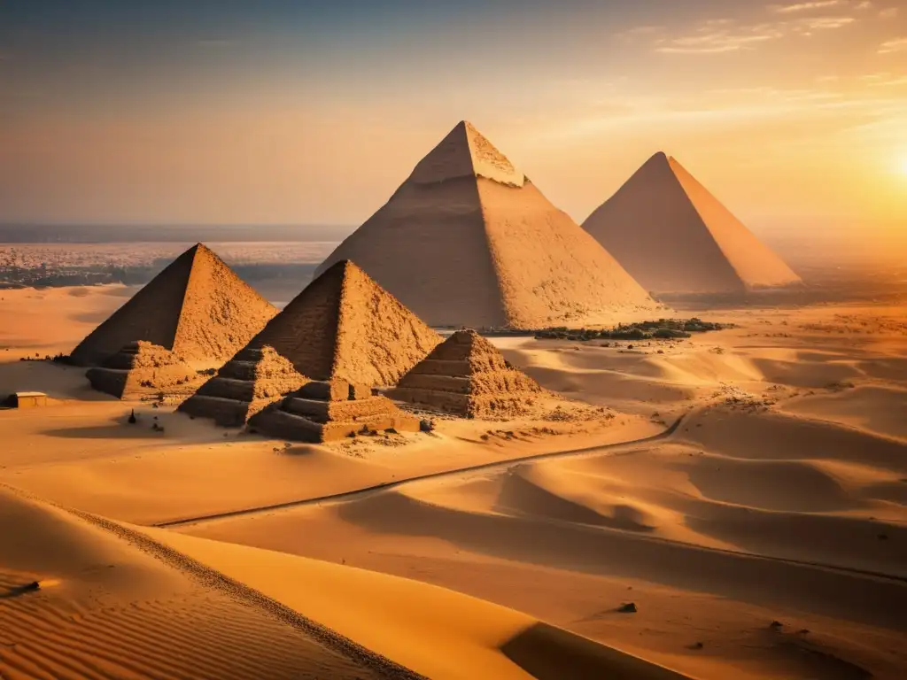Una imagen vintage que muestra una vista aérea impresionante de las majestuosas Pirámides de Giza en Egipto