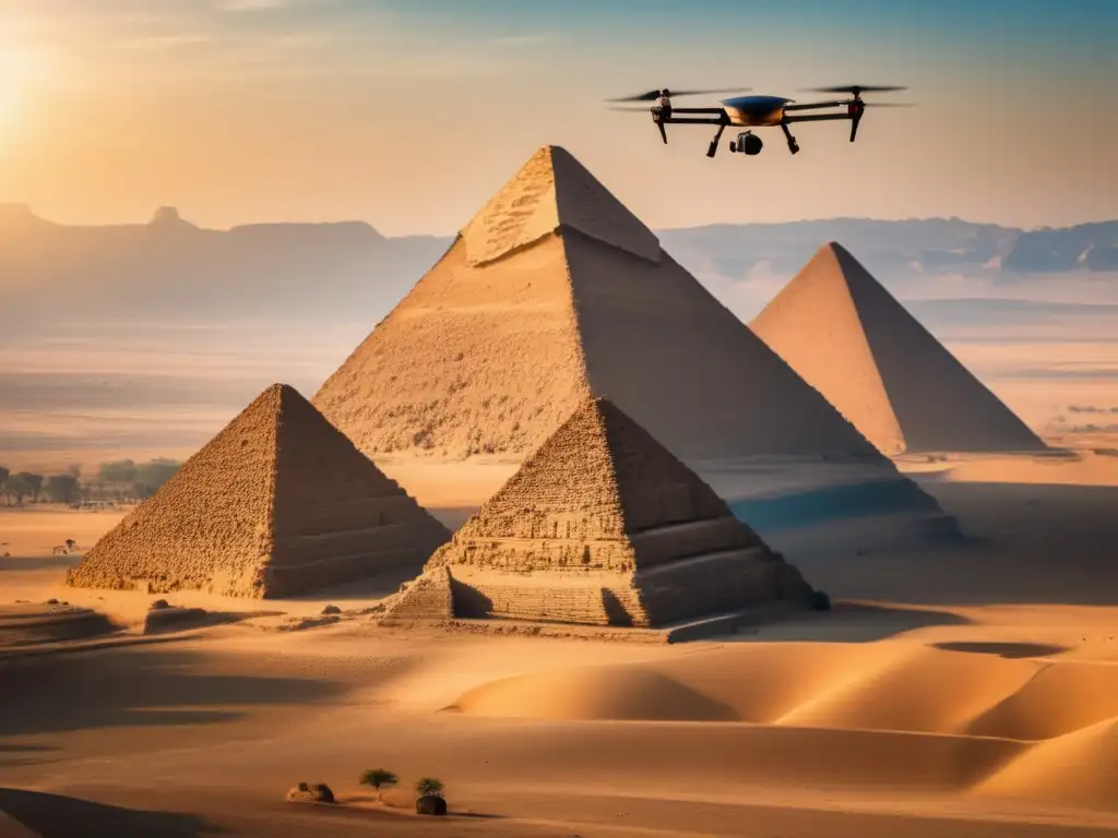 Una imagen vintage con una vista aérea fascinante de las majestuosas pirámides erguidas contra un cielo azul claro