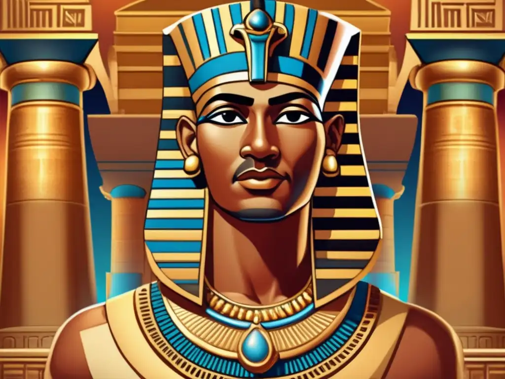 Imhotep, arquitecto ingeniero médico, retratado con sabiduría y elegancia en una imagen de estilo vintage