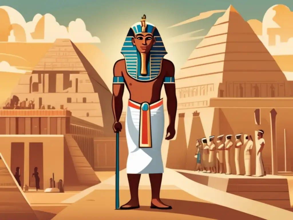 Imhotep, arquitecto y médico egipcio, rodeado de majestuosas estructuras y herramientas médicas