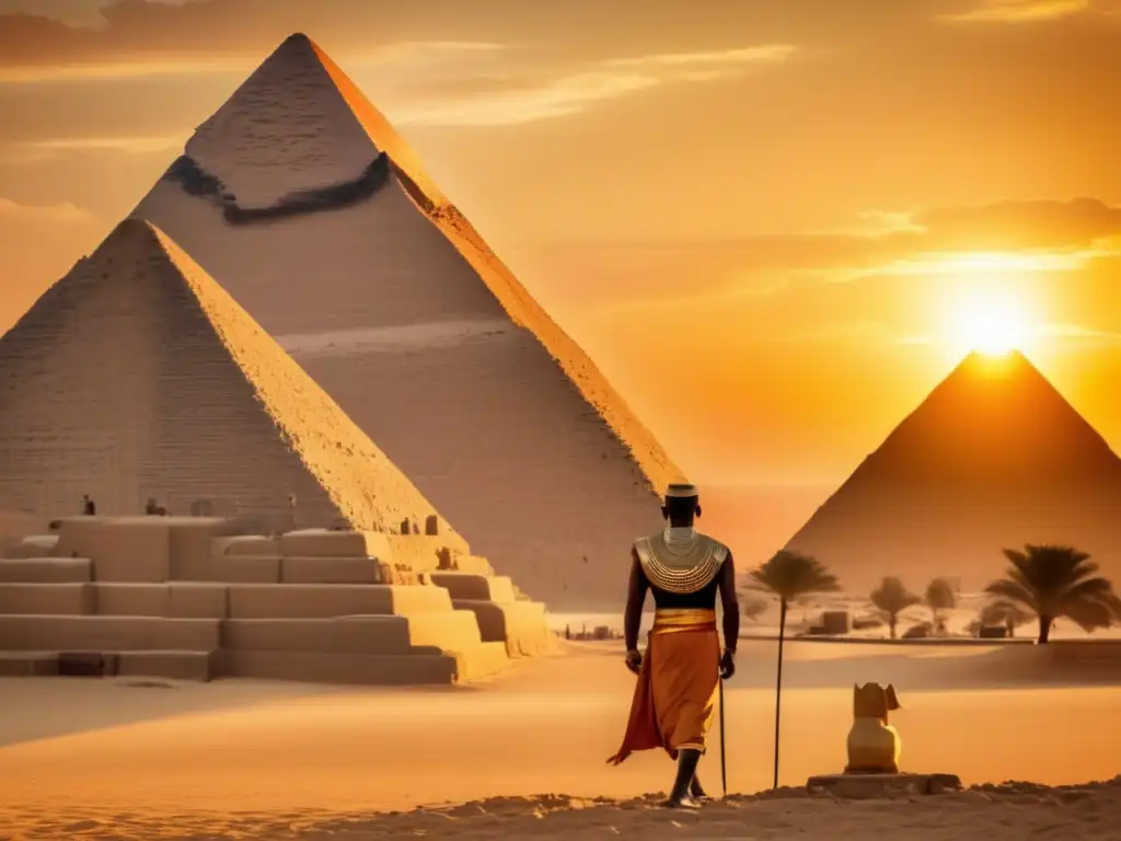 Imhotep, arquitecto, ingeniero y médico, admirando sus obras maestras: las majestuosas pirámides de Giza, bañadas por el sol dorado del atardecer