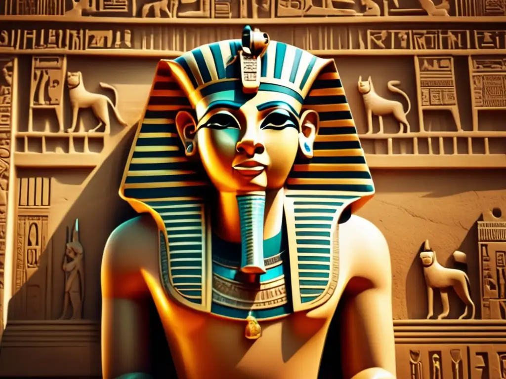 Una impactante escultura egipcia guardian, detalladamente tallada, resalta entre jeroglíficos antiguos