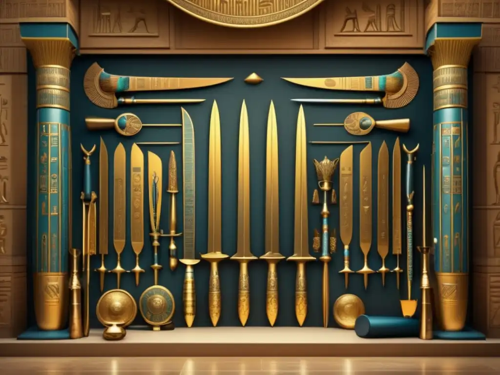 Una impactante exhibición de armamento ceremonial antiguo Egipto en un majestuoso salón adornado con jeroglíficos y detalles dorados