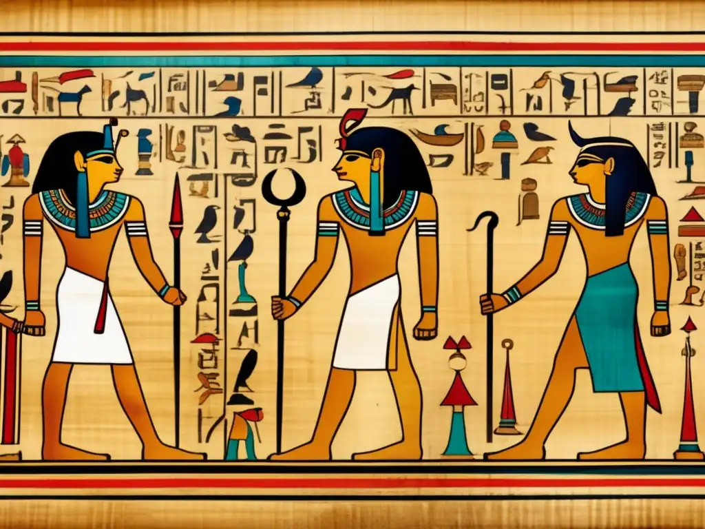 Una impactante imagen en 8k de un antiguo papiro egipcio desenrollado, adornado con intrincados jeroglíficos