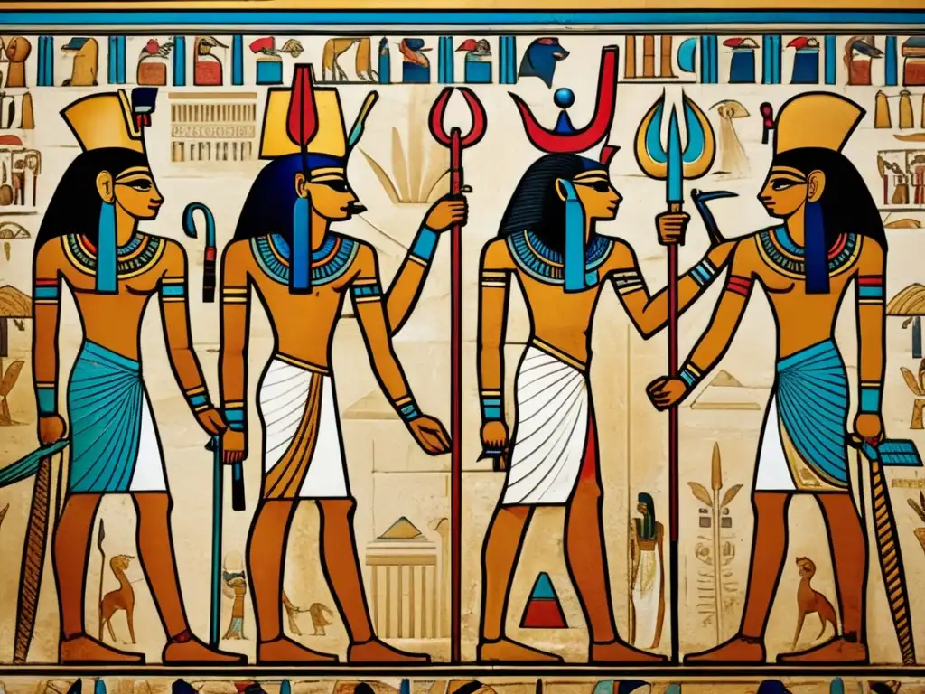 Una impactante imagen de un mural egipcio antiguo que muestra a los dioses y diosas de los primeros faraones en Egipto