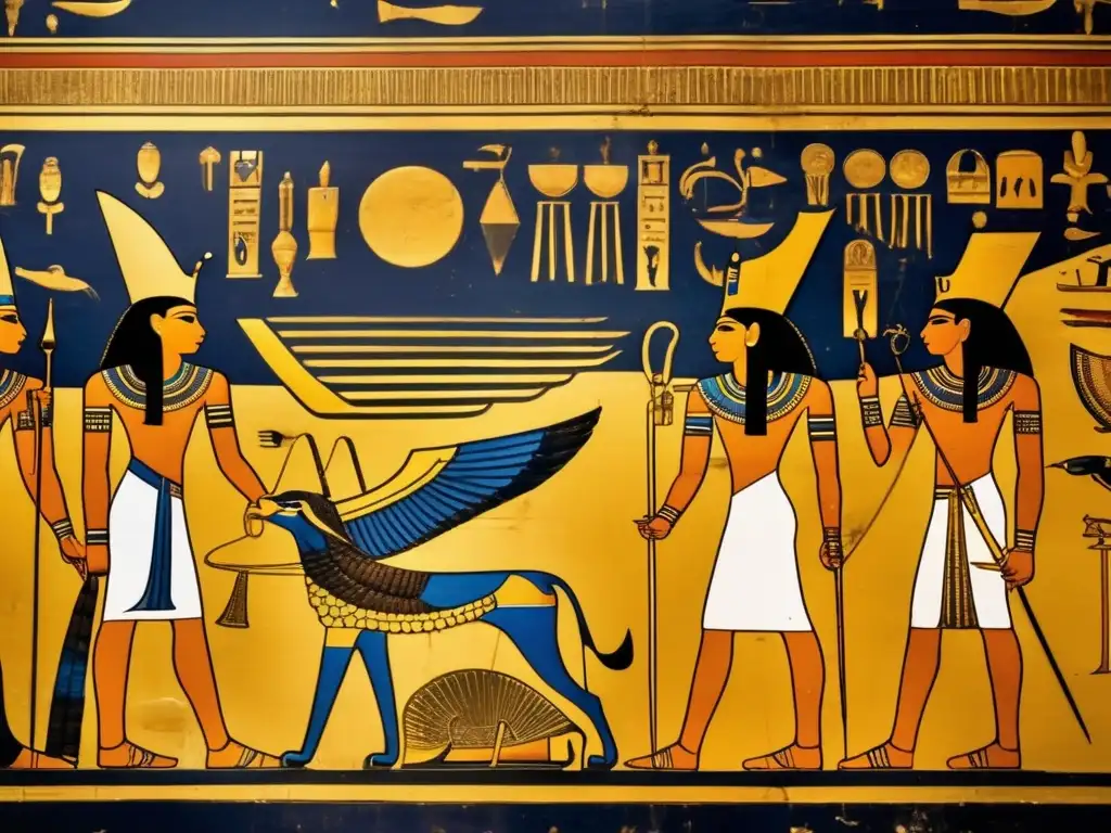 Una impactante imagen en 8k muestra una pintura mural del Antiguo Egipto en la tumba de Tutankamón