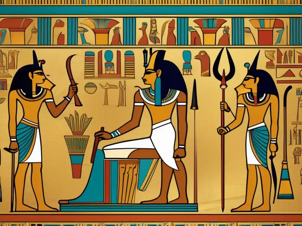 Una impactante imagen vintage de una tumba faraónica egipcia, con intrincadas jeroglíficos y pinturas murales coloridas