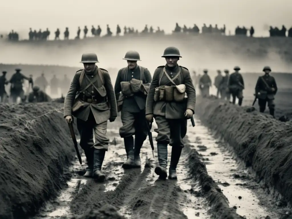 Impacto de campañas militares en el lenguaje: soldados en una trinchera de la Primera Guerra Mundial, desgastados y camaradería