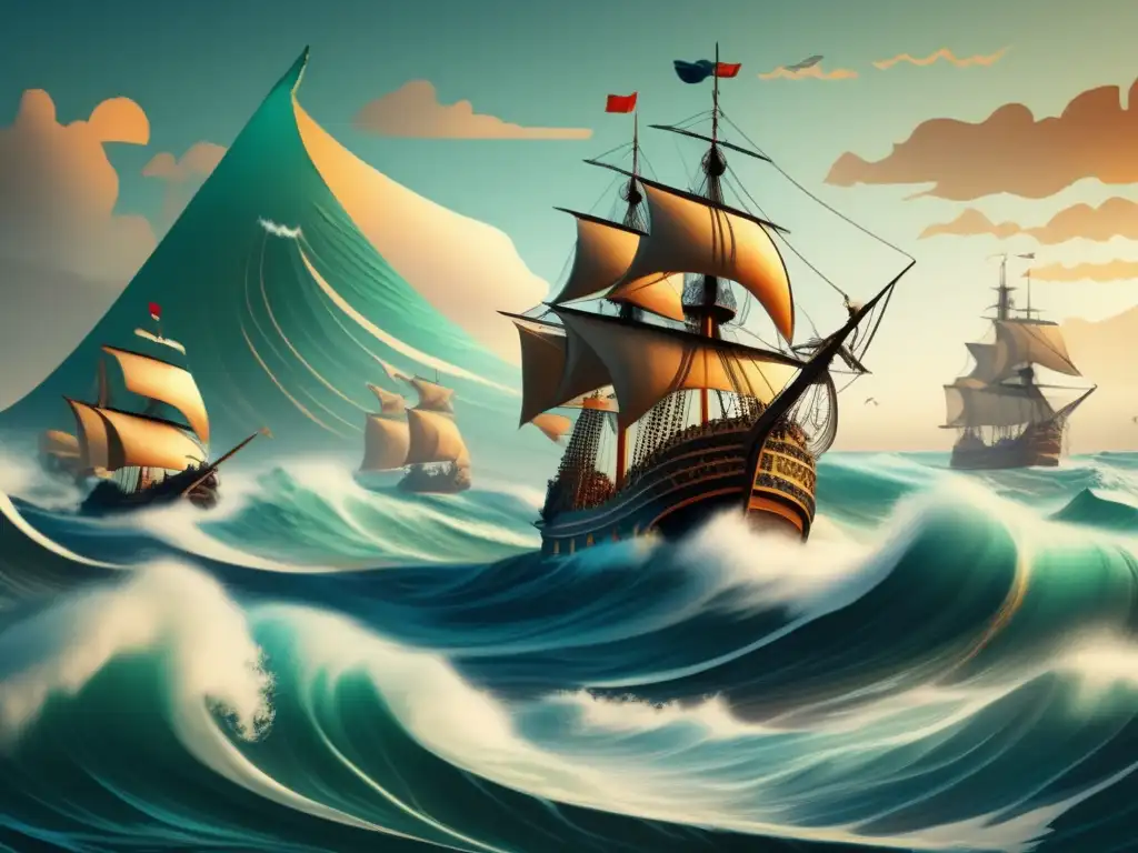 Impacto de las invasiones de los Pueblos del Mar: ilustración detallada de un mar turbulento con antiguas navíos y un atardecer en llamas