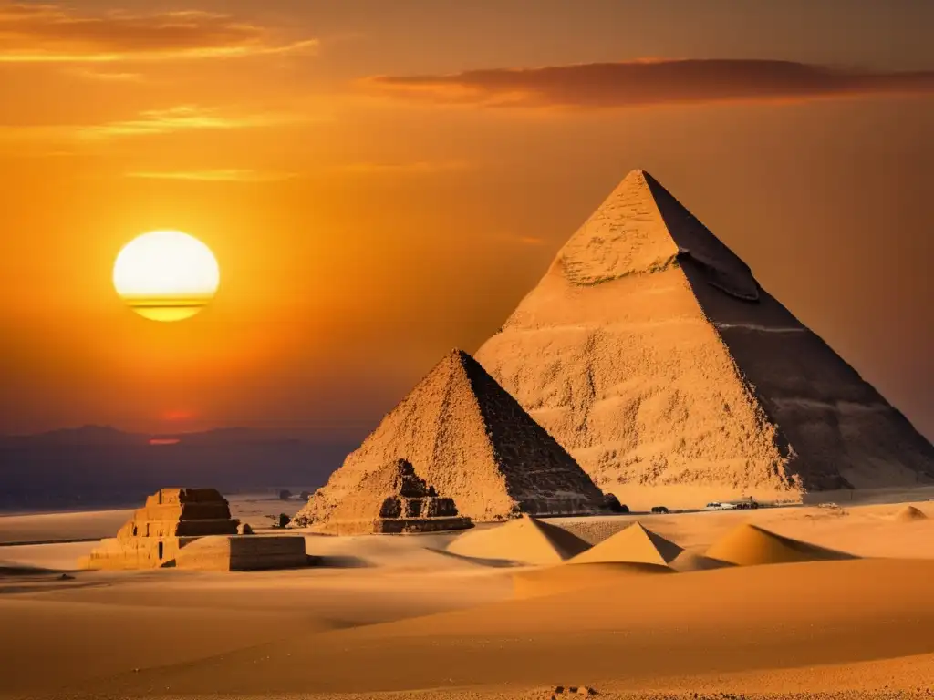 El impacto social de las grandes obras en Egipto: las majestuosas pirámides de Giza, destacando contra el atardecer vibrante