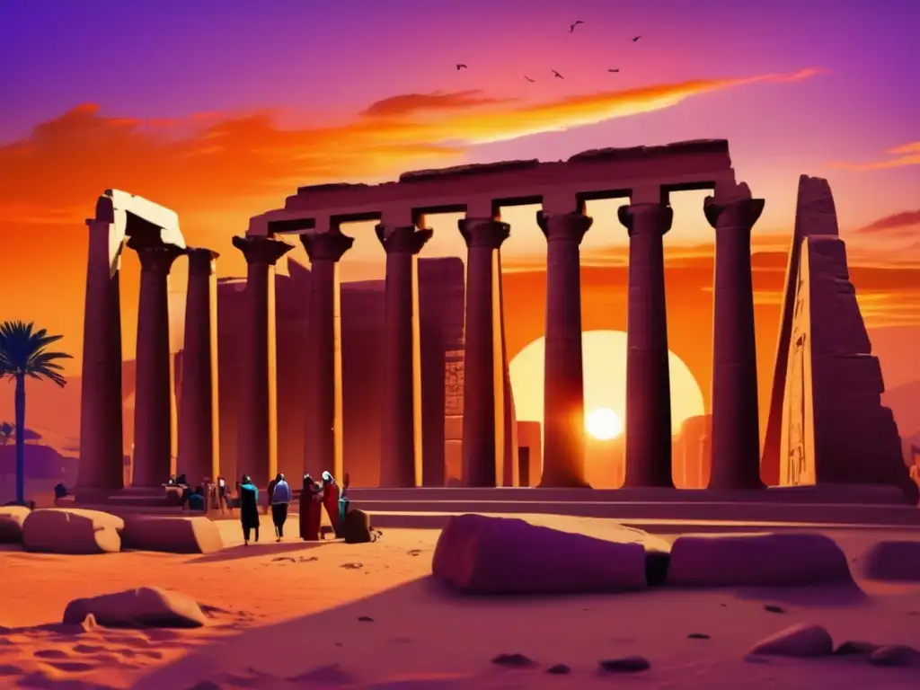 Imponente atardecer sobre las ruinas ancestrales de Tebas, Egipto