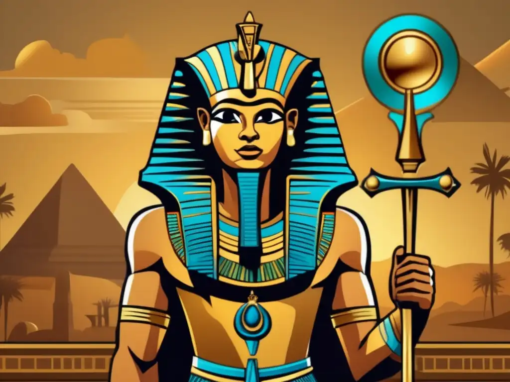 El imponente faraón Snefru, con su atuendo regio, sostiene un cetro dorado y una espada