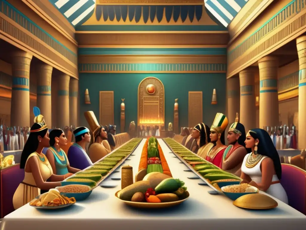 Imponente banquete en el antiguo Egipto, con exquisitos platos, invitados con atuendos suntuosos y una cálida iluminación