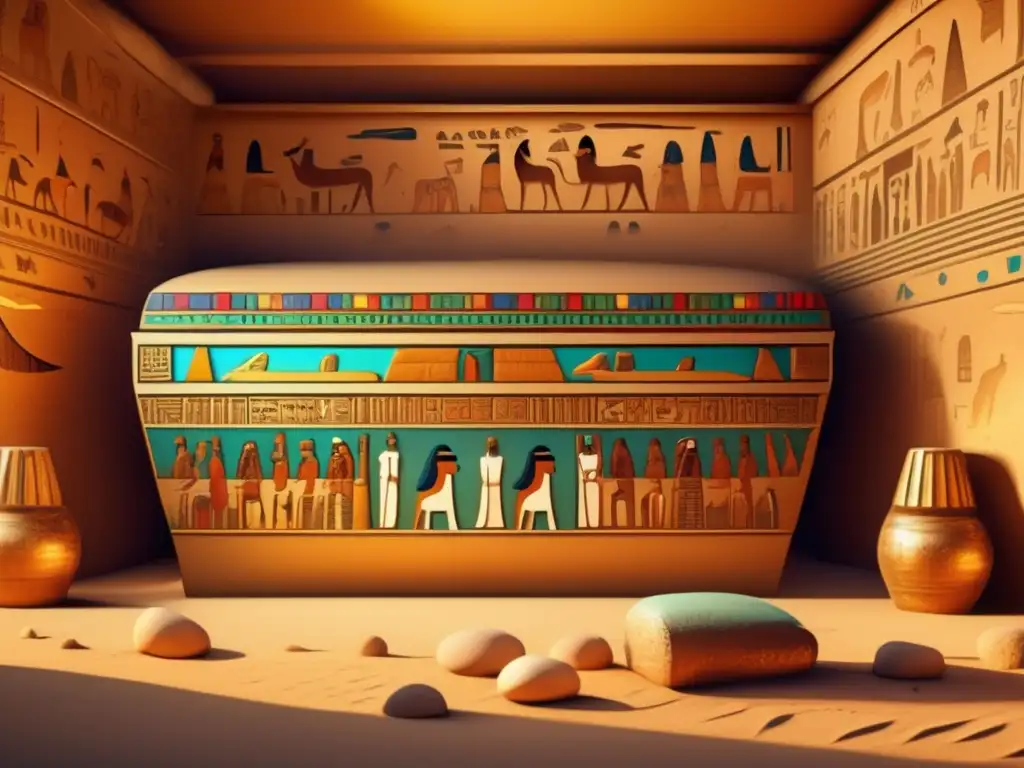 Imponente cámara funeraria en el desierto, decorada con jeroglíficos y pinturas coloridas que narran rituales y ceremonias del antiguo Egipto