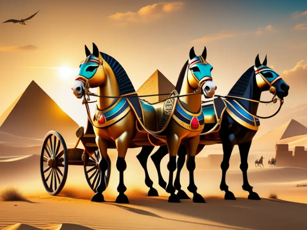Imponente carro de guerra egipcio, decorado con intrincados grabados y jeroglíficos coloridos, destaca en un campo de batalla arenoso