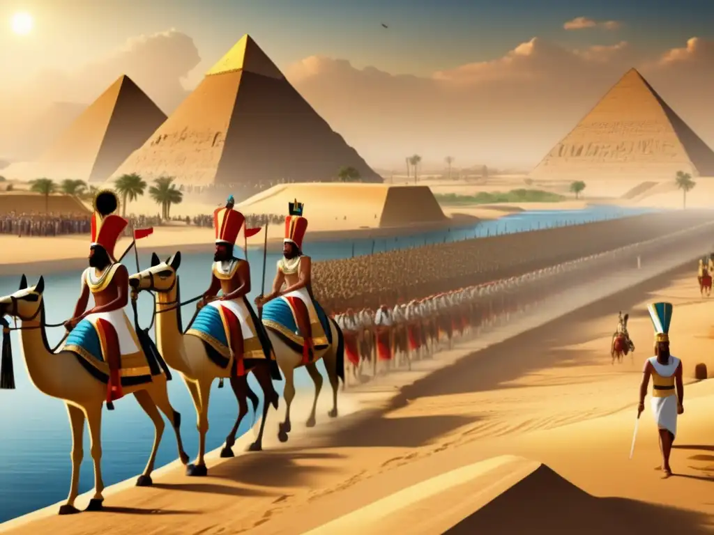Imponente procesión ceremonial del antiguo Egipto, con el faraón en su carro dorado tirado por magníficos caballos negros