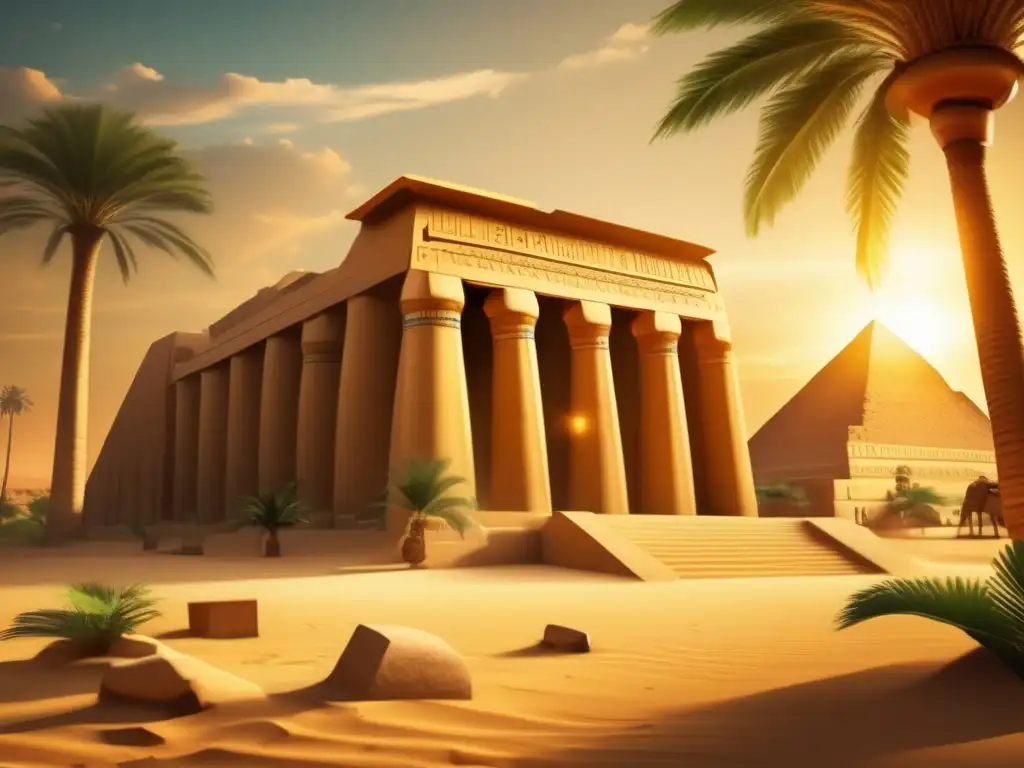 Imponente complejo de templos en Egipto antiguo, rodeado de palmeras y desierto