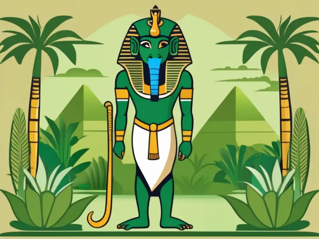 Sobek, el dios egipcio de la fertilidad y protección, en una imagen vintage Imponente Dios Sobek de la fertilidad y protección, envuelto en un paisaje verde y cálido