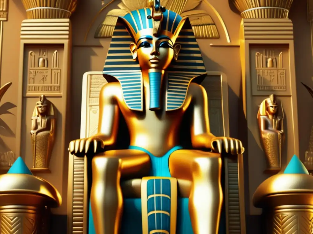 Imponente pharaoh egipcio en trono dorado, rodeado de frescos vibrantes que reflejan la iconografía real de la decoración del Antiguo Egipto