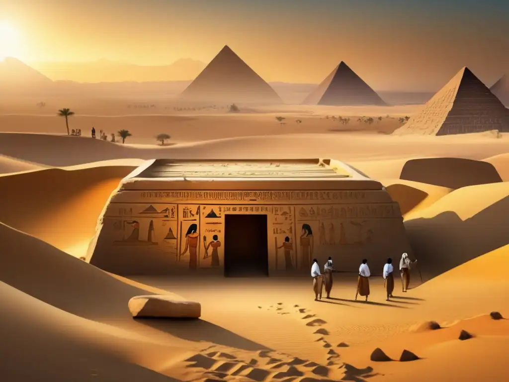 Una imponente entrada de una antigua tumba, adornada con intrincados jeroglíficos egipcios, se alza orgullosa en medio de un vasto paisaje desértico