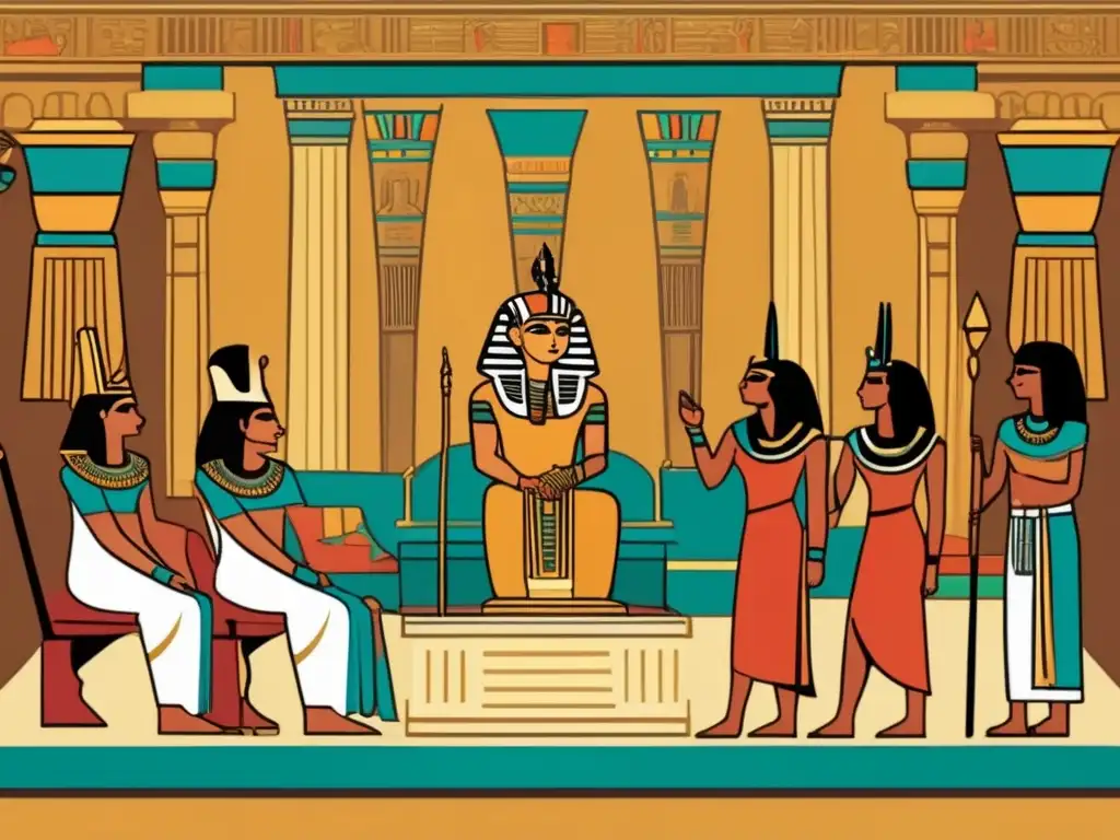 Imponente escena de negociaciones diplomáticas entre faraones egipcios y emisarios persas en un gran salón adornado con jeroglíficos y tallados