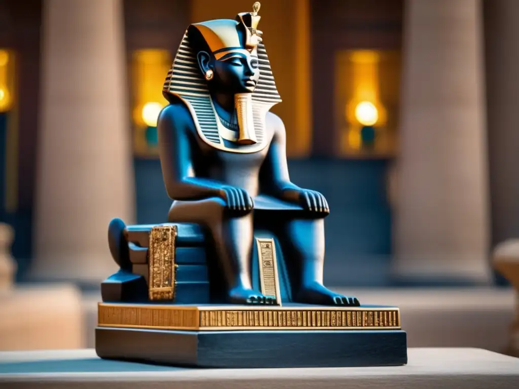 Imponente escultura egipcia del Faraón Amenhotep III en trono de granito negro