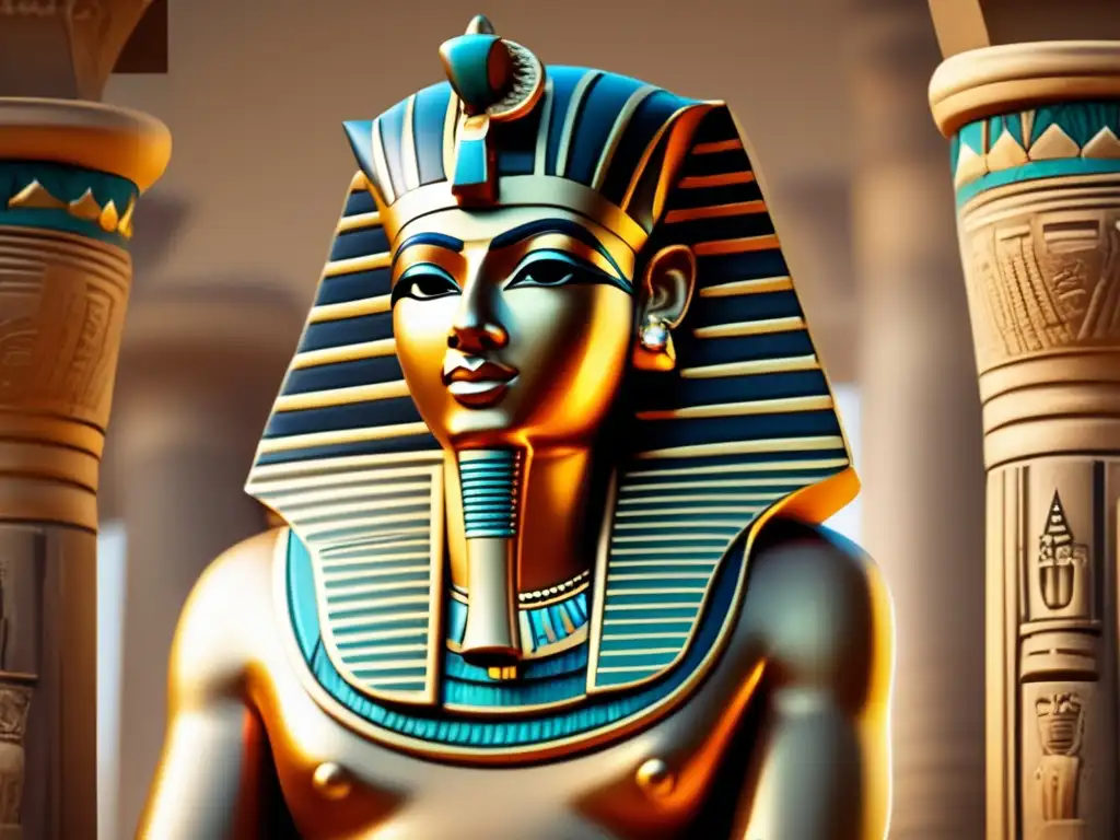 Imponente escultura egipcia de un faraón, con su rostro borrado