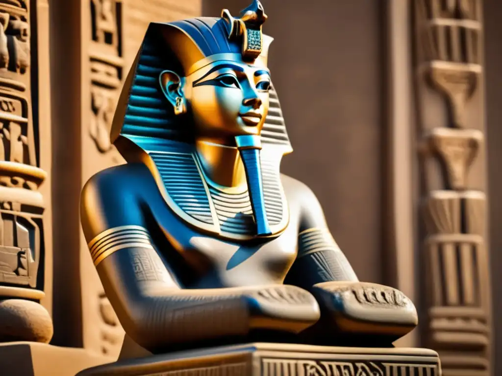 Imponente escultura egipcia vintage de un faraón en postura majestuosa