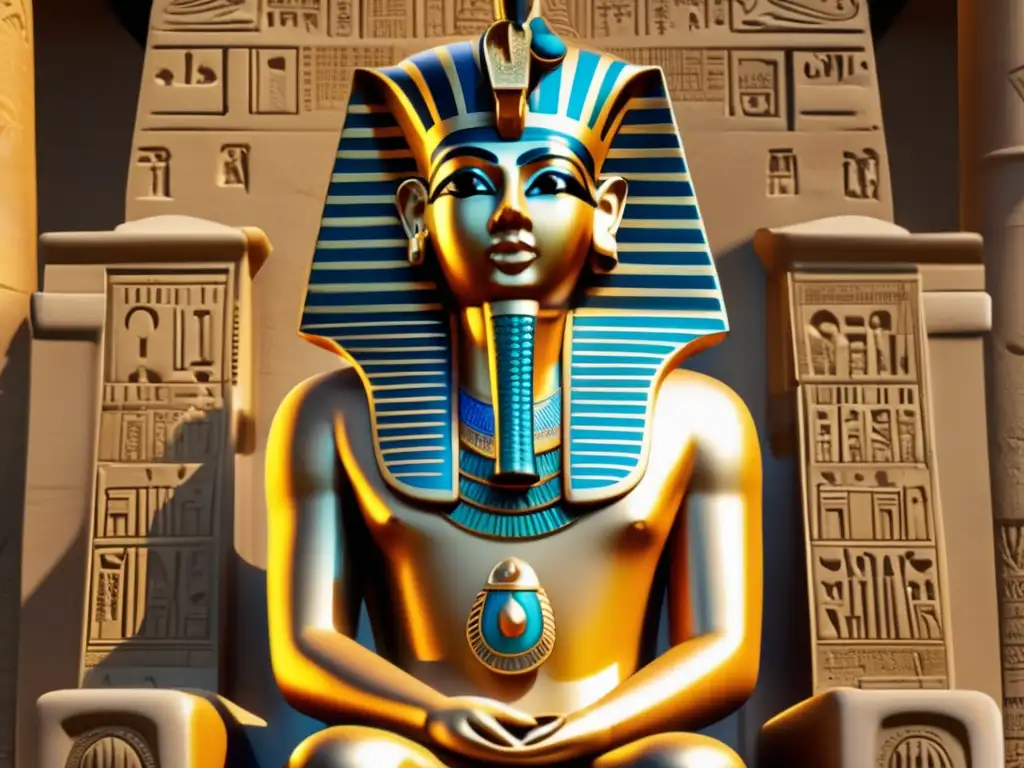 Imponente escultura faraónica en 8k, resaltando la simetría y los detalles de su hechura