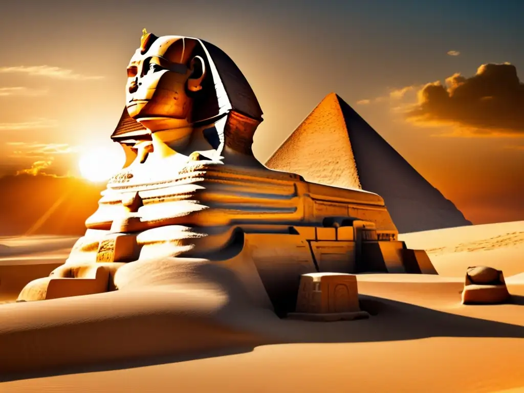 La imponente Esfinge de Giza, parcialmente cubierta de arena, con el sol poniéndose detrás