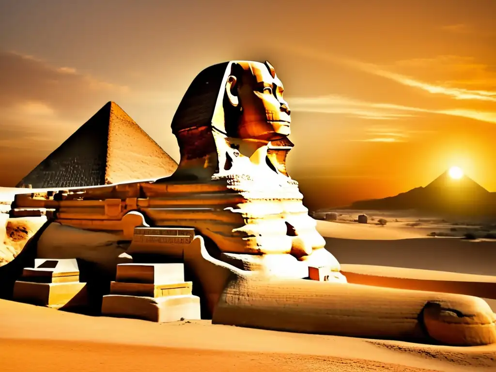 La imponente Esfinge de Giza se alza orgullosamente en tonos cálidos de atardecer, testigo de la influencia del Periodo Tardío en Egipto