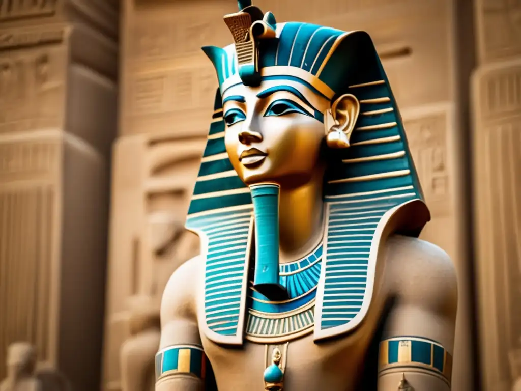 Imponente estatua de un faraón egipcio antiguo, con postura regia y detalles meticulosos
