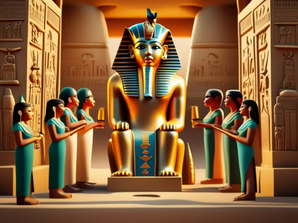 Imponente estatua de faraón rodeada de sacerdotes egipcios realizando el ritual de Apertura de la Boca, simbolizando la eternidad y el poder divino