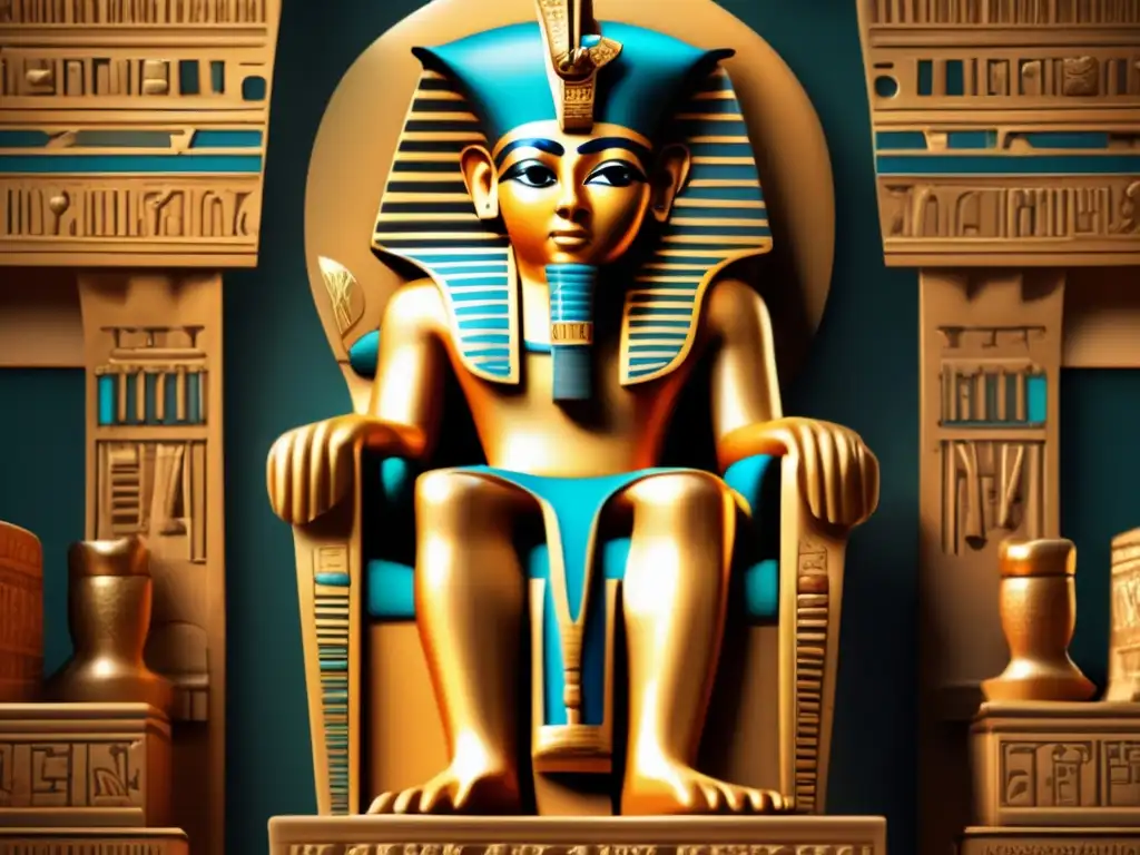 Imponente faraón de la dinastía XXV, con influencia nubia, en un trono adornado con jeroglíficos y símbolos