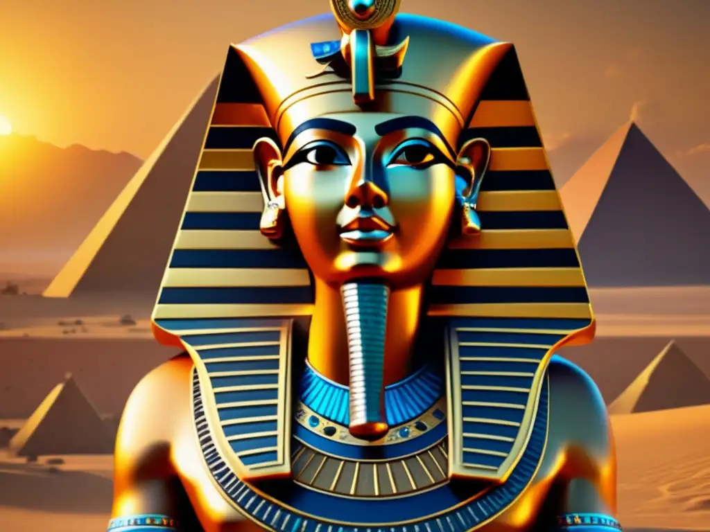 Imponente faraón egipcio con corona dorada adornada de jeroglíficos y gemas