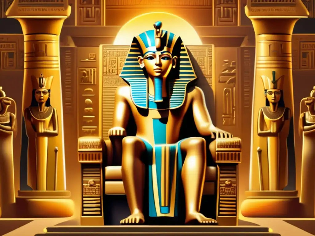 Imponente faraón egipcio en trono dorado, rodeado de jeroglíficos en templo majestuoso