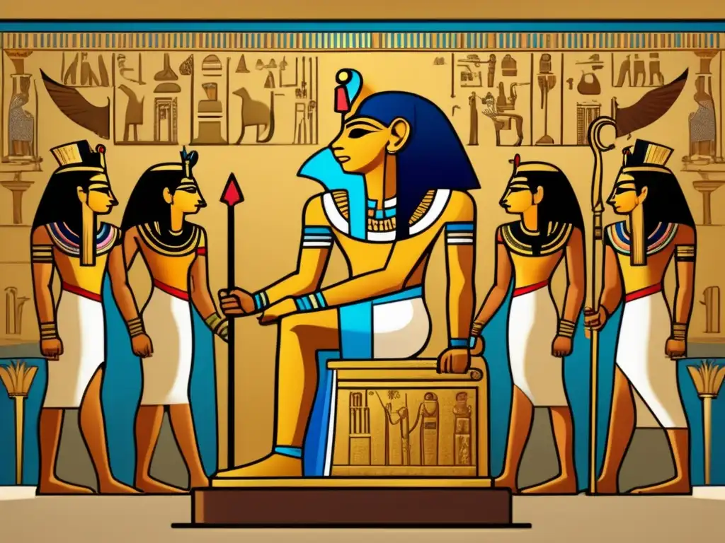 Imponente faraón egipcio en su trono dorado rodeado de leales