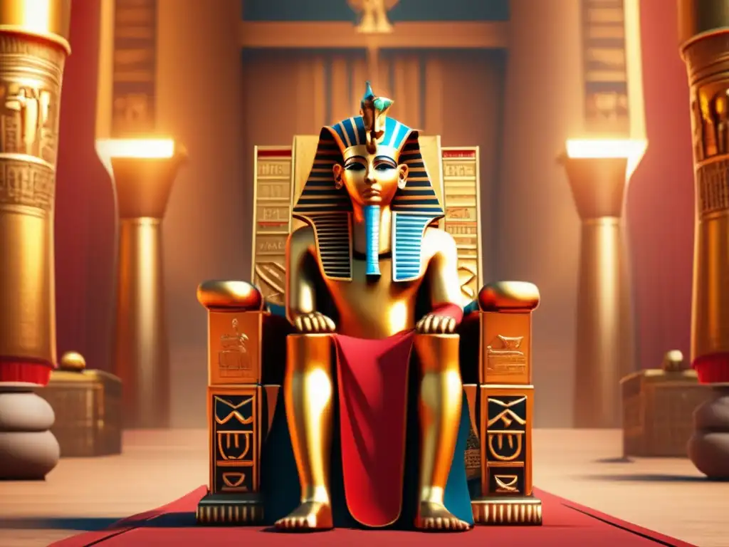 Imponente faraón en trono dorado, rodeado de jeroglíficos y símbolos sagrados