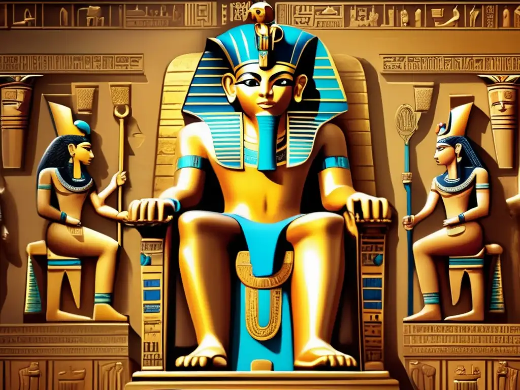 Imponente faraón en un trono dorado rodeado de jeroglíficos y tallas ornamentadas