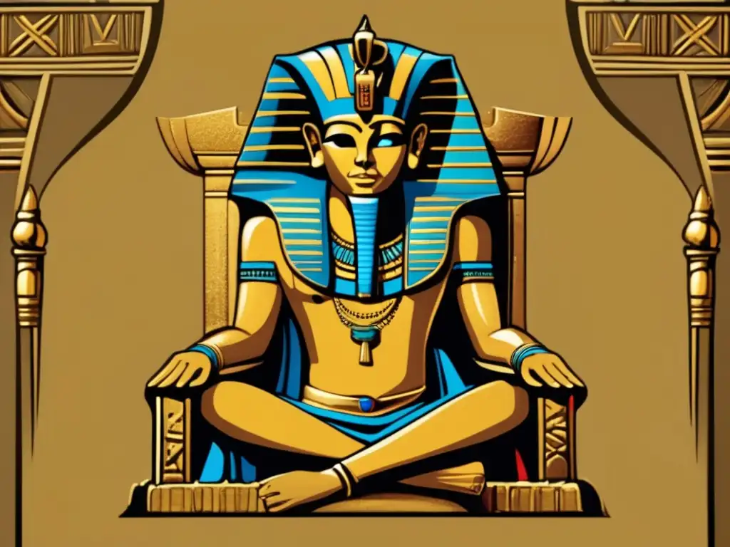 La majestuosidad del faraón en su trono dorado Imponente faraón en trono dorado, vestido con opulenta regalia y simbolismo de poder en su vestimenta faraónica