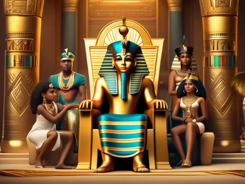 Imponente faraón en trono dorado, rodeado de familiares en palacio egipcio